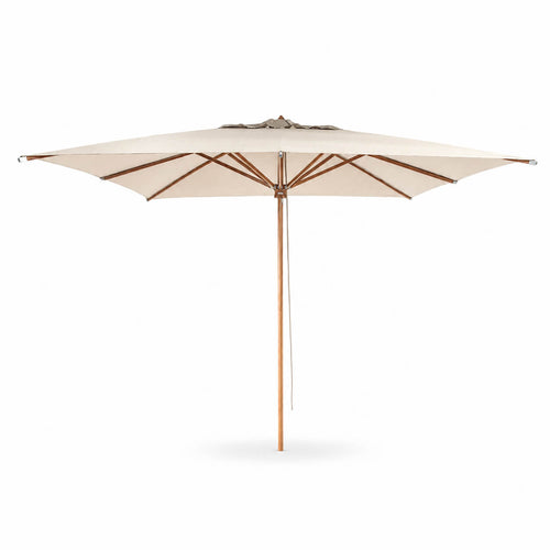 A large patio umbrella with a cream-colored canopy and a light brown wooden pole, shown against a solid white background.