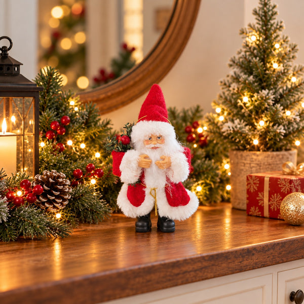 A Santa Claus figurine stands on a wooden console table surrounded by holiday decorations, including a lit lantern, evergreen garlands with red berries, a small Christmas tree with warm white lights, and wrapped gifts.