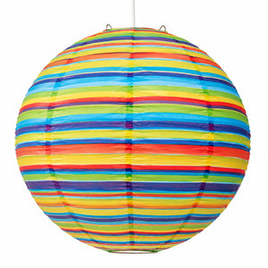 A spherical paper lantern with vibrant horizontal stripes in yellow, green, blue, red, and orange, suspended against a plain white background.