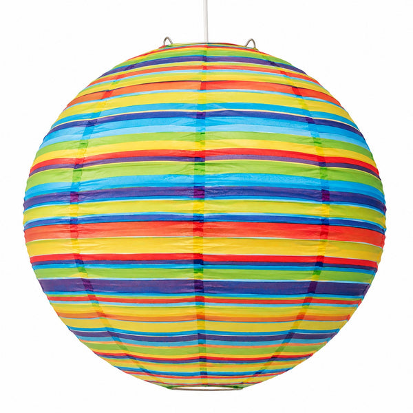A spherical paper lantern with vibrant horizontal stripes in yellow, green, blue, red, and orange, suspended against a plain white background.