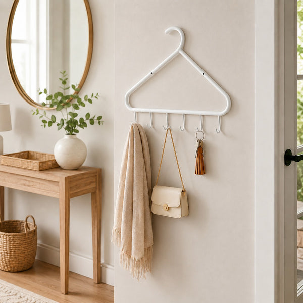 A white metal hanger coat rack with hooks mounted on a beige wall in a styled entryway. A cream scarf, a small cream handbag, and a tassel keychain hang from the rack.