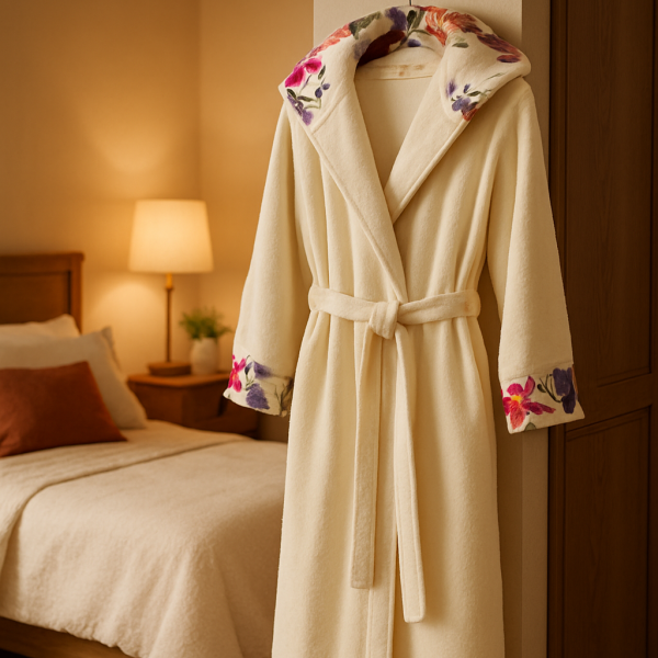 Beige robe with floral embroidery on a hanger, towels on a bathtub, and a candle on a table in a bathroom setting.