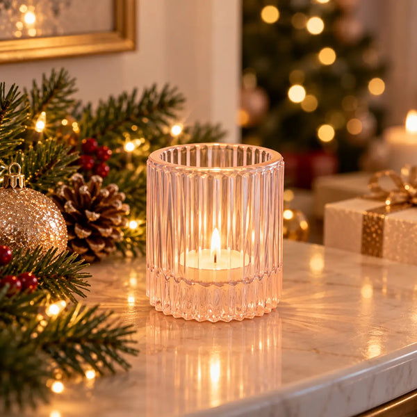 A pink ribbed glass candle holder containing a lit tea light candle, placed on a marble surface in a warm holiday setting with pine branches, ornaments, and blurred Christmas lights in the background.