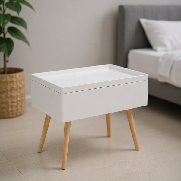 Kilian Designer Side Table – Matte Nightstand with Integrated Storage Box in Black or White