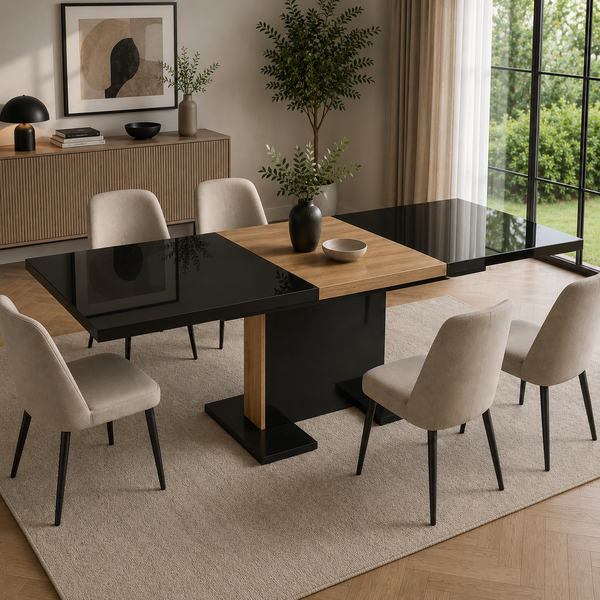 Bern High-Gloss Black Glass Top Dining Table with Imitation Oak Insert Plate