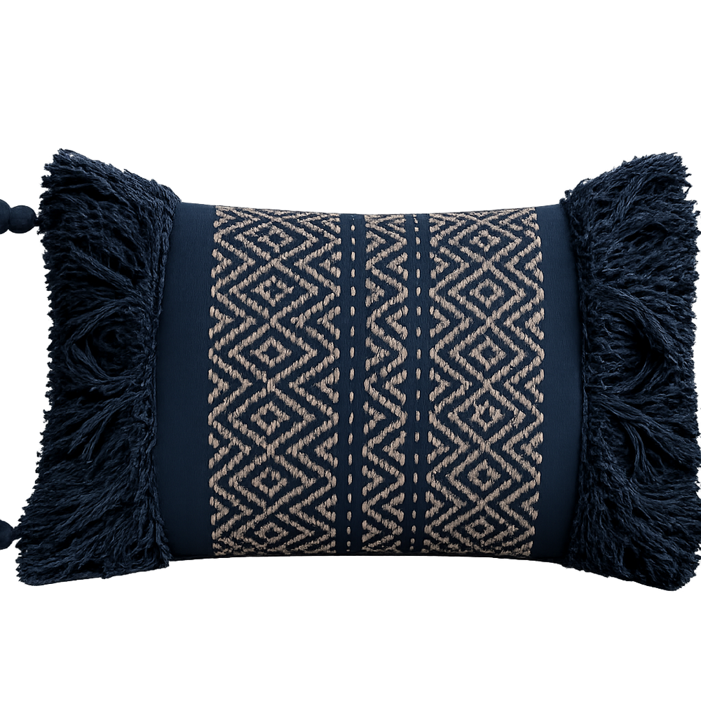 Pandora Metallic Woven Boudoir Cushion with Tassles in Navy
