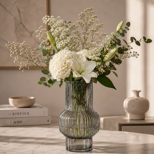BY-Boo Riba Ribbed Glass Vase in Grey - Middle Blown Glass