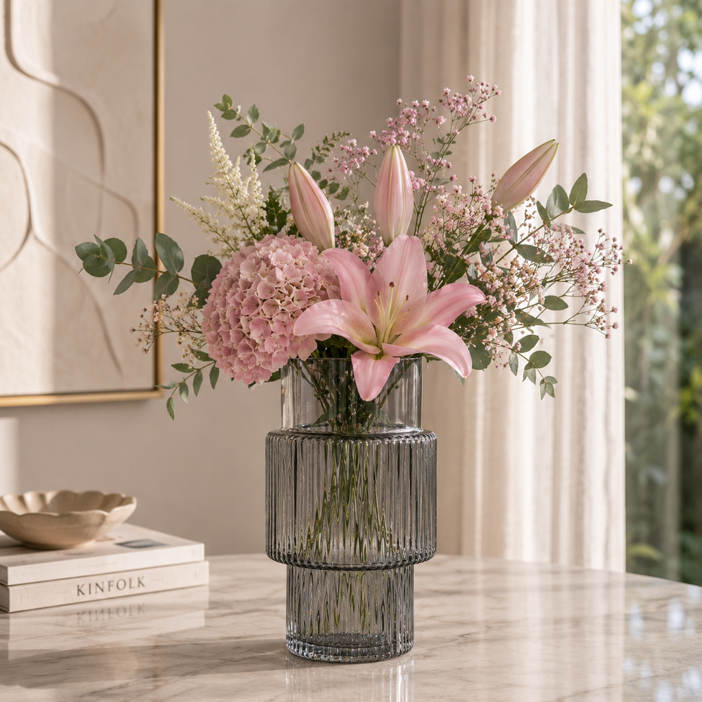 By-Boo Riba-2 Ribbed Glass Vase in Grey - Middle Blown Glass