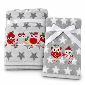 Christmas owl towel gift set with two different embroidered towel designs.