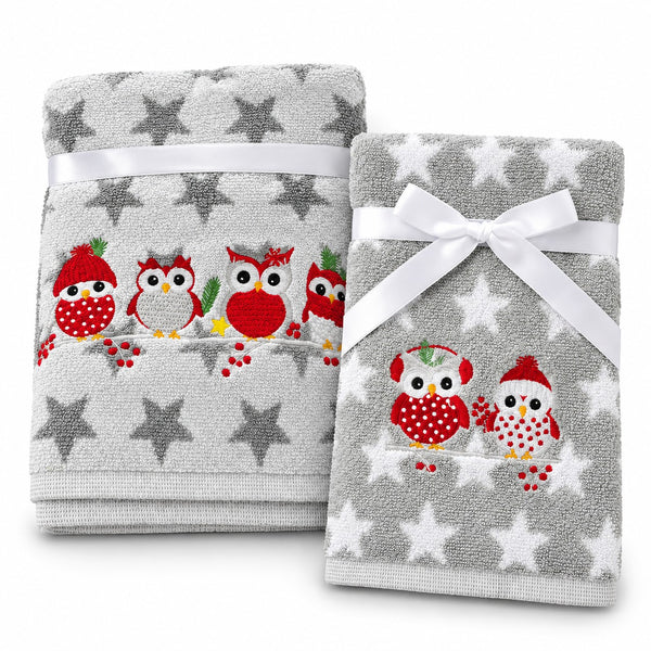 Christmas owl towel gift set with two different embroidered towel designs.