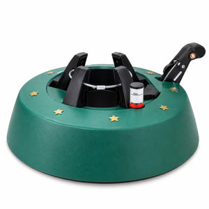 A green circular tree skirt with gold star accents, black support arms, and a black handle, shown on a white background.