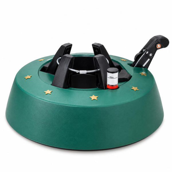 A green circular tree skirt with gold star accents, black support arms, and a black handle, shown on a white background.