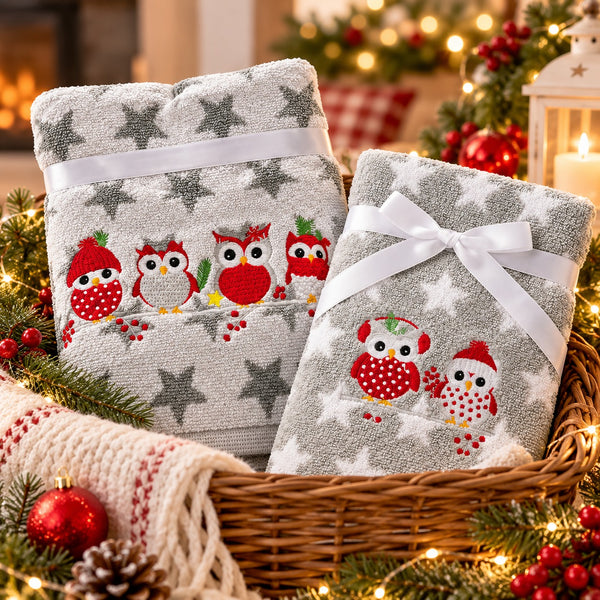 Christmas owl towel gift set with two different embroidered towel designs