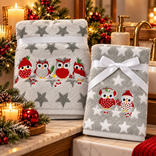 Christmas owl towel gift set with two different embroidered towel designs