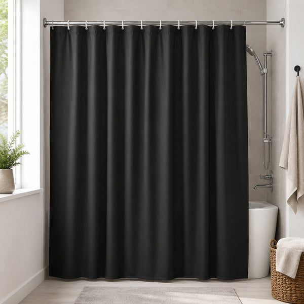 Shop the Coop Alpha Textile Shower Curtain, made from 100% polyester and measuring 180 × 200 cm. Available in black, electric blue, sky blue, yellow, red and pink.