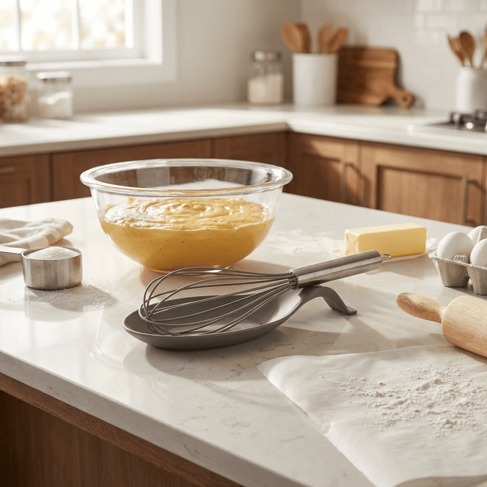 Kitchen counter with mixing bowl, whisk, and ingredients in a home kitchen setting