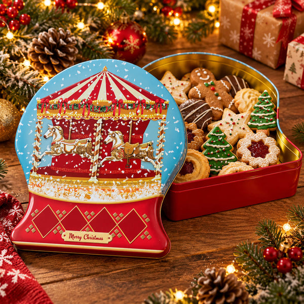 A festive Christmas-themed cookie tin set on a wooden table surrounded by holiday lights, pinecones, and wrapped gifts. One round tin shows a carousel illustration with 'Merry Christmas' on the front, while an open heart-shaped red tin reveals assorted decorated cookies inside.