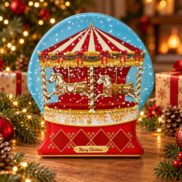 A festive round tin with a carousel design, displayed on a wooden surface surrounded by Christmas lights, pinecones, and wrapped gifts. The tin features a red and cream striped carousel canopy, two white horses, and a red base with gold diamond patterns and a 'Merry Christmas' label.