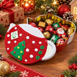 A festive Christmas-themed heart-shaped candy tin filled with assorted chocolates, shown alongside a matching red and white mug-shaped tin lid decorated with a green Christmas tree and white polka dots. The scene is styled on a wooden table with holiday decorations including pine branches, ornaments, a wrapped gift box, and a lit candle.