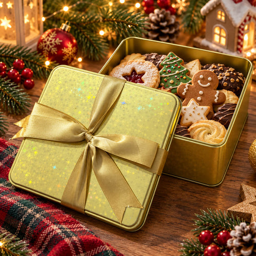 A festive gold-toned metal cookie tin with a glittery lid and gold ribbon, shown next to an open tin filled with decorated Christmas cookies on a wooden table with holiday decorations.