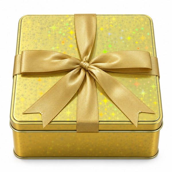 A square gold gift box with a sparkling star pattern on the lid, tied with a wide gold satin ribbon in a large bow, shown on a white background.