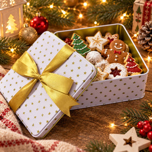 A white rectangular metal gift tin filled with assorted Christmas cookies, shown with the lid leaning against it and tied with a wide gold ribbon. The tin has small gold stars and sits on a wooden surface surrounded by holiday greenery, ornaments, and warm string lights.