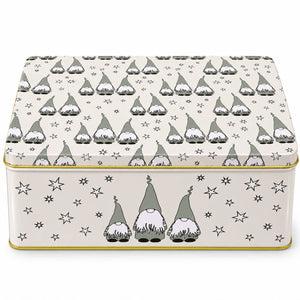 A rectangular metal tin with a lid, decorated with a repeating pattern of gray and white gnomes and small black stars on a warm cream background, with a thin gold-toned rim.