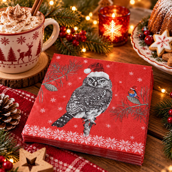 A stack of red Christmas paper napkins featuring a black-and-white owl wearing a Santa hat, surrounded by holiday decorations including a mug of whipped cream, pine branches, candles, and cookies on a wooden table.