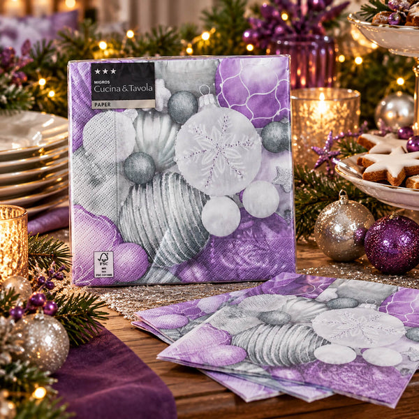 A boxed set of paper napkins with a purple, lavender, gray, and white holiday sandcastle and ornament print, displayed on a wooden table with Christmas decorations, candles, plates, and cookies.