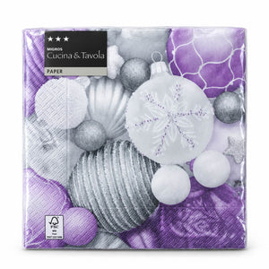 A pack of Micros Cucina & Tavola paper napkins featuring a festive Christmas ornament pattern in purple, white, and silver, wrapped in clear plastic.