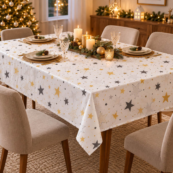 A white holiday tablecloth with a pattern of gold and gray stars, shown on a dining table set for a Christmas meal in a cozy, decorated dining room.