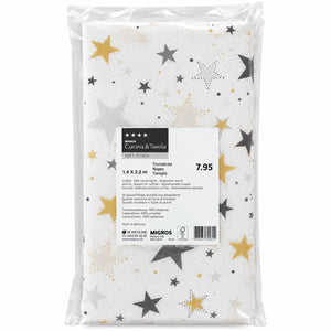 Packaged kitchen towel with a white background and a star pattern in gold, silver, and gray, sealed in a clear plastic bag with a white product label.