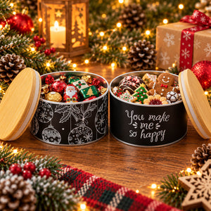 Two round wooden-lidded tin gift boxes filled with Christmas treats, placed on a wooden table with holiday lights, pinecones, ornaments, and wrapped presents in the background. One tin is white with ornament illustrations, and the other is black with the phrase 'You make me so happy' in white script.