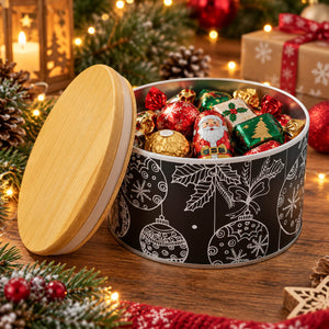 A round wooden-lidded gift tin filled with assorted wrapped chocolates, decorated with white Christmas ornament and holly patterns on a black background. The tin sits on a wooden table surrounded by holiday decorations including pine branches, candles, and wrapped presents.