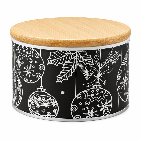 A round metal canister with a light natural wood lid and a black body printed with white Christmas ornament and holly leaf illustrations, shown on a white background.