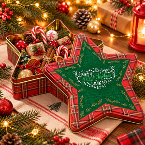A festive Christmas star-shaped metal gift tin with a red plaid border and a green center panel reading 'Merry Christmas' in white script. The tin is open and filled with holiday treats, including candy canes, wrapped chocolates, pine cones, and ornaments, set on a decorated Christmas table with lights and greenery.