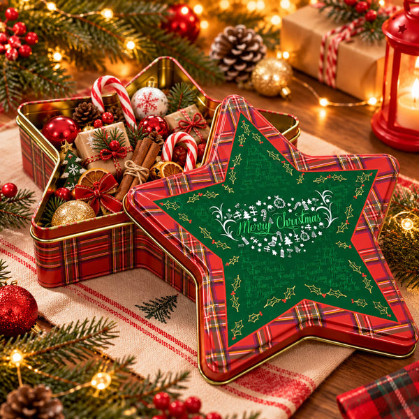 A festive Christmas star-shaped metal gift tin with a red plaid border and a green center panel reading 'Merry Christmas' in white script. The tin is open and filled with holiday treats, including candy canes, wrapped chocolates, pine cones, and ornaments, set on a decorated Christmas table with lights and greenery.
