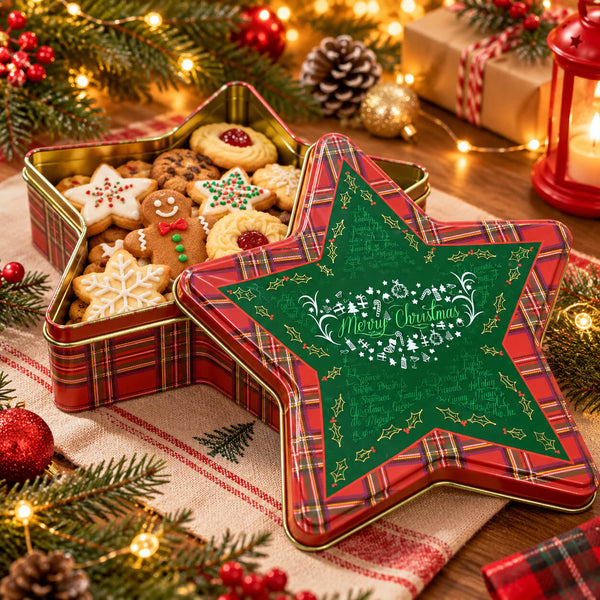 A festive Christmas star-shaped metal cookie tin shown open with assorted decorated cookies inside, alongside the matching lid. The lid is green with white 'Merry Christmas' script and gold holiday details, and the tin has a red plaid border.