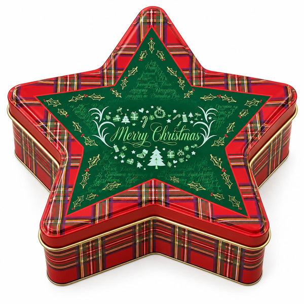 A star-shaped metal tin with a red plaid pattern and a large green central panel featuring white 'Merry Christmas' script and holiday illustrations, shown on a white background.