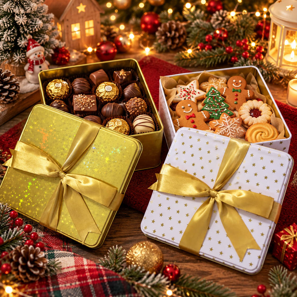 Two open holiday-themed metal gift boxes filled with assorted chocolates and cookies, tied with shiny gold ribbons, set on a festive Christmas table with pinecones, lights, and ornaments.