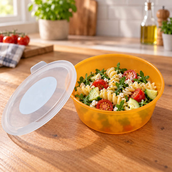 A translucent orange plastic food storage container with a matching translucent lid, shown open and filled with a pasta salad on a wooden countertop in a bright kitchen setting.