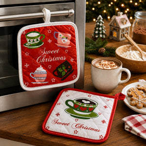 Shop the Delice Valley Christmas Kitchen Pot Holders Set of 2, featuring festive designs, 100% cotton covers and padded polyester filling. Size: 18 × 18 cm each.