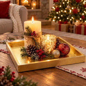 A gold rectangular tray styled with a lit cream pillar candle, a glass candle holder, pinecones, red berries, and holiday ornaments, set on a wooden table in a cozy Christmas living room.
