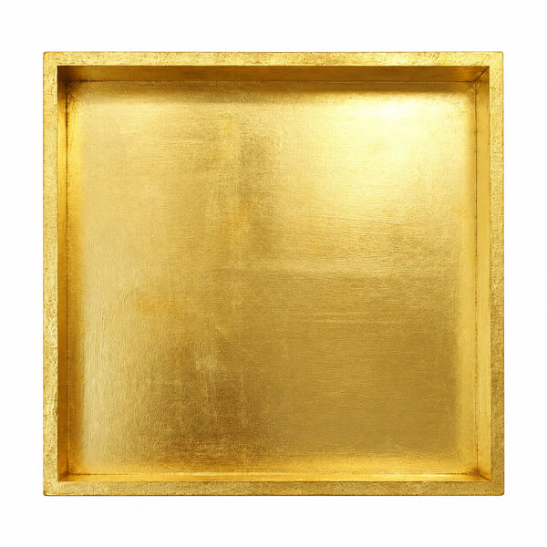 A square gold tray with a textured metallic finish, photographed from directly above on a solid white background.