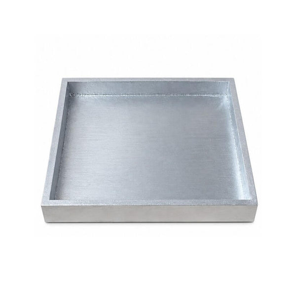 A square metallic tray with a brushed silver finish and raised edges, shown from a top-down perspective on a plain white background.