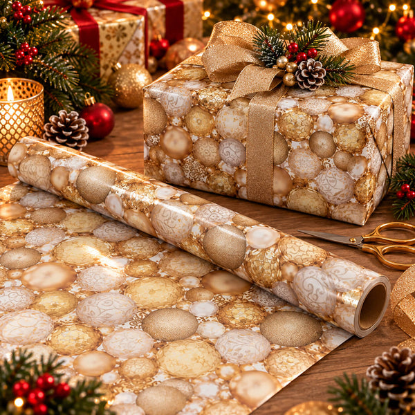 Migros PURE Christmas Baubles Gift Wrapping Paper – Gold & White – 3 m × 70 cm