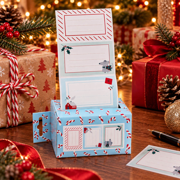 A Christmas-themed paper mailer box with a folding flap, decorated with candy cane and snowman patterns on a light blue background. The box is displayed on a wooden table surrounded by wrapped holiday gifts, pine branches, and warm string lights.