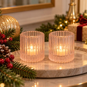 Christmas Classy Ribbed Glass Candle Holder – 8 cm – 2 Colors