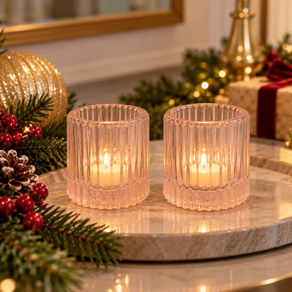 Christmas Classy Ribbed Glass Candle Holder – 8 cm – 2 Colors