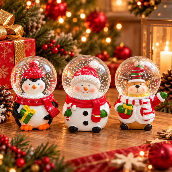 Three Christmas-themed snow globes displayed on a wooden surface with festive decorations in the background. The left globe features a penguin in a red hat and scarf holding a green gift box, the middle globe shows a snowman in a red hat and scarf, and the right globe depicts a teddy bear in a red and white striped sweater holding a green gift box.